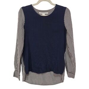 Diane Von Furstenberg Louisa Zip 100% Silk Blouse Navy White Stripe Size 6‎
